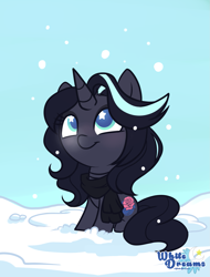 Size: 1519x1997 | Tagged: safe, artist:xwhitedreamsx, oc, oc only, species:pony, species:unicorn, chibi, clothing, cute, looking up, ocbetes, scarf, snow, snowfall, solo, starry eyes, wingding eyes