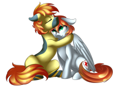 Size: 2882x2059 | Tagged: safe, artist:scarlet-spectrum, oc, oc only, oc:yaktan, species:earth pony, species:pegasus, species:pony, cute, duo, hug, ocbetes, simple background, smiling, transparent background
