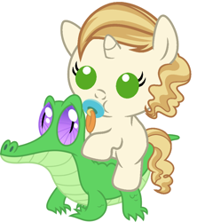 Size: 836x942 | Tagged: safe, artist:red4567, character:gummy, character:sweet biscuit, species:pony, adorabiscuit, baby, baby pony, cute, pacifier, ponies riding gators, riding, weapons-grade cute