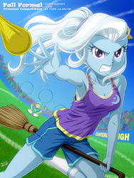 Size: 900x1200 | Tagged: safe, artist:uotapo, character:snails, character:trixie, my little pony:equestria girls, armpits, blue skin, blue sky, breasts, broom, calm, cleavage, clothing, comedy, crossover, determined, eyes closed, fall formal, fall formal princess competition, female, funny, happy, harry potter, meditation, muggle quidditch, nimbus 2000, ponytail, purple eyes, quidditch, serious, serious face, shorts, sitting, smiling, socks, sports bra, tank top, uniform