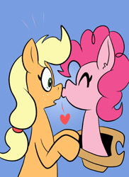 Size: 576x792 | Tagged: safe, artist:pembroke, character:applejack, character:pinkie pie, ship:applepie, female, heart, kissing, lesbian, pinkie being pinkie, shipping, surprise kiss