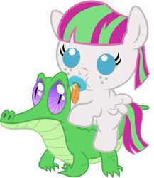Size: 786x907 | Tagged: safe, artist:red4567, character:blossomforth, character:gummy, species:pony, adoraforth, baby, baby pony, cute, pacifier, ponies riding gators, riding