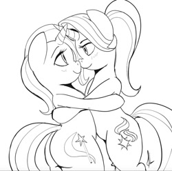 Size: 969x962 | Tagged: safe, artist:grissaecrim, character:starlight glimmer, character:trixie, species:pony, ship:startrix, bipedal, black and white, blushing, boop, embrace, eye contact, female, grayscale, hug, lesbian, lidded eyes, looking at each other, monochrome, nose wrinkle, noseboop, shipping, simple background, sketch, smiling, white background