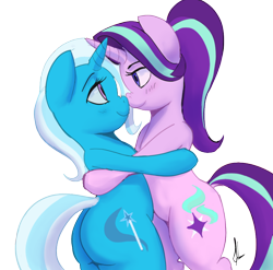 Size: 878x866 | Tagged: safe, artist:grissaecrim, character:starlight glimmer, character:trixie, species:pony, species:unicorn, ship:startrix, blushing, boop, embrace, female, lesbian, looking at each other, mare, noseboop, plot, shipping, smiling
