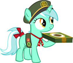 Size: 11988x10400 | Tagged: safe, artist:cyanlightning, derpibooru original, character:lyra heartstrings, absurd resolution, clothing, cookie, cute, cyan's filly guides, female, filly, filly guides, filly lyra, food, hat, lyrabetes, raised hoof, ribbon, simple background, smiling, solo, tail, transparent background, vector, younger