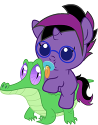 Size: 796x1017 | Tagged: safe, artist:red4567, character:gummy, oc, oc:midnight coda, species:pony, baby, baby pony, cute, ocbetes, pacifier, ponies riding gators, riding