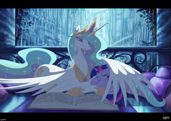 Size: 1305x922 | Tagged: safe, artist:jowyb, character:princess celestia, character:twilight sparkle, species:alicorn, species:pony, :o, balcony, book, cuddling, cute, eyes closed, female, filly, filly twilight sparkle, hug, lidded eyes, mare, momlestia, open mouth, prone, scenery, scenery porn, signature, size difference, sleeping, smiling, snuggling, spread wings, twiabetes, wing blanket, winghug, wings