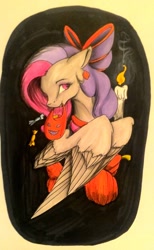 Size: 1024x1662 | Tagged: safe, artist:oneiria-fylakas, oc, oc only, species:pegasus, species:pony, bow, candle, female, hair bow, mare, mouth hold, solo, traditional art, trick or treat