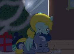 Size: 2328x1694 | Tagged: safe, artist:binkyt11, oc, oc only, oc:rolling thunder, oc:saving grace, species:pegasus, species:pony, alternate hairstyle, bittersweet, christmas, christmas tree, colt, crying, female, hug, letter, male, mare, medibang paint, mother and son, night, one eye closed, picture frame, pony pillow, ponytail, present, sleeping, smiling, tree, winghug