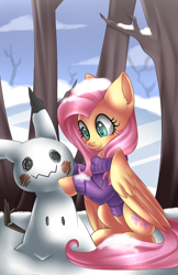 Size: 1948x3000 | Tagged: safe, artist:scarlet-spectrum, character:fluttershy, blush sticker, blushing, bottomless, clothing, colored pupils, crossover, cute, digital art, disguise, ear fluff, female, mimikyu, nintendo, partial nudity, pokémon, scenery, shyabetes, sitting, smiling, snow, snowman, solo, sweater, sweatershy