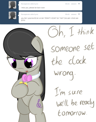 Size: 816x1034 | Tagged: safe, artist:erthilo, character:octavia melody, species:earth pony, species:pony, ask octavia, ask, bipedal, clock, dialogue, female, mare, simple background, solo, tumblr, white background
