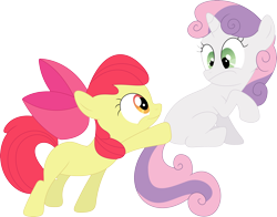 Size: 3586x2806 | Tagged: safe, artist:porygon2z, character:apple bloom, character:sweetie belle, ship:sweetiebloom, boop, butt boop, butt touch, eye contact, female, frown, hoof on butt, lesbian, looking at each other, molestation, raised hoof, shipping, simple background, sitting, smiling, touch, transparent background, vector, wide eyes