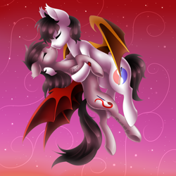 Size: 3000x3000 | Tagged: safe, artist:scarlet-spectrum, oc, oc only, species:bat pony, species:pony, anniversary, commission, couple, embrace, eyes closed, flying, hug, kissing, male, oc x oc, romantic, shipping, stars, straight