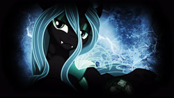 Size: 3840x2160 | Tagged: safe, artist:kp-shadowsquirrel, artist:yanoda, edit, editor:keischa-assili, character:queen chrysalis, species:changeling, fangs, female, looking at you, solo, vector, wallpaper