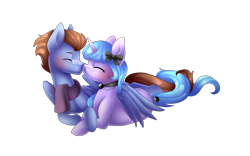 Size: 4800x3000 | Tagged: safe, artist:scarlet-spectrum, oc, oc only, species:pegasus, species:pony, species:unicorn, absurd resolution, boop, commission, cuddling, eyes closed, glasses, intertwined tails, male, noseboop, oc x oc, shipping, simple background, snuggling, straight, transparent background