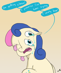 Size: 1220x1452 | Tagged: safe, artist:docwario, character:bon bon, character:sweetie drops, adoracreepy, body horror, context is for the weak, creepy, cropped, crying, cute, dialogue, female, floppy ears, gradient background, nightmare fuel, nose wrinkle, open mouth, sad, sitting, solo, speech bubble, tongue out, wat, what has science done