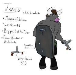 Size: 1561x1527 | Tagged: safe, artist:the-furry-railfan, oc, oc only, oc:jess, species:minotaur, fallout equestria, fallout equestria: long haul, gun, reference sheet, shield, submachinegun, weapon