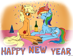 Size: 3126x2400 | Tagged: safe, artist:neko-me, character:applejack, character:rainbow dash, ship:appledash, 2017, beverage, blowing, blushing, champagne, clothing, confetti, eyes closed, female, freckles, glass, happy new year, happy new year 2017, hat, implied appledash, lesbian, party hat, party horn, shipping, signature, underhoof