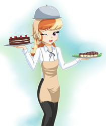 Size: 1000x1192 | Tagged: safe, artist:thebrokencog, artist:twilite-sparkleplz, oc, oc only, oc:mandarine mélange, my little pony:equestria girls, cake, clothing, dessert, egg (food), equestria girls-ified, food, gradient background, meat, one eye closed, open mouth, pants, plate, solo, steak, tray, waitress, wink