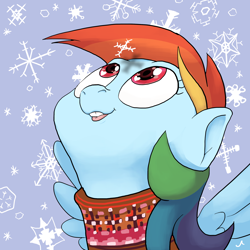 Size: 2400x2400 | Tagged: safe, artist:docwario, character:rainbow dash, species:pegasus, species:pony, bust, clothing, female, heart eyes, looking at something, looking up, open mouth, portrait, snow, snowfall, snowflake, solo, spread wings, sweater, wingding eyes, wings