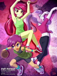 Size: 900x1200 | Tagged: safe, artist:uotapo, character:apple bloom, character:scootaloo, character:sweetie belle, species:pegasus, species:pony, my little pony:equestria girls, armpits, ball, basketball, basketball net, clothing, cute, cutie mark crusaders, dress, fall formal, fall formal princess competition, female, frown, glare, gritted teeth, hanging, midriff, open mouth, pants, shoes, short shirt, shorts, sneakers, sports, sweatband