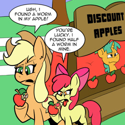 Size: 800x800 | Tagged: safe, artist:pembroke, character:apple bloom, character:applejack, character:snails, species:earth pony, species:pony, species:unicorn, ask pun, apple, apple sisters, ask, colt, dialogue, disgusted, female, filly, foal, food, male, mare, siblings, sisters, speech bubble, tongue out, worm