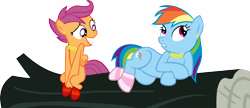 Size: 17067x7353 | Tagged: safe, artist:cyanlightning, character:rainbow dash, character:scootaloo, species:pegasus, species:pony, .svg available, absurd resolution, clothing, ear piercing, jewelry, log, piercing, simple background, socks, striped socks, transparent background, vector