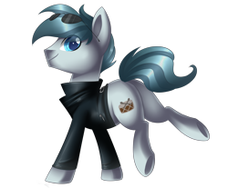 Size: 2530x2097 | Tagged: safe, artist:scarlet-spectrum, oc, oc only, oc:rhythm, species:earth pony, species:pony, blue eyes, clothing, commission, jacket, looking at you, male, raised leg, simple background, smiling, solo, stallion, sunglasses, transparent background, underhoof