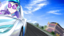 Size: 3000x1687 | Tagged: safe, artist:nekokevin, character:dj pon-3, character:vinyl scratch, my little pony:equestria girls, building, canterlot high, car, clothing, cloud, driving, female, headphones, seatbelt, sky, solo, steering wheel, street, sunglasses