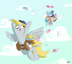 Size: 5100x4500 | Tagged: safe, artist:docwario, character:derpy hooves, oc, oc:ernie the carrier pigeon, species:pegasus, species:pony, absurd resolution, clothing, female, flying, hat, letter, mailbag, mailmare, mare, mouth hold, pet, pet oc, pigeon, solo