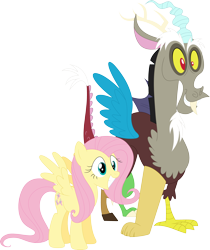 Size: 3014x3592 | Tagged: safe, artist:porygon2z, character:discord, character:fluttershy, episode:what about discord?, g4, my little pony: friendship is magic, duo, inkscape, looking at something, simple background, smiling, spread wings, transparent background, vector, vector trace, wings