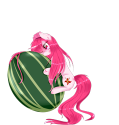 Size: 2141x2250 | Tagged: safe, artist:little-sketches, oc, oc only, species:pony, species:unicorn, eye clipping through hair, female, food, headdress, hug, long mane, long tail, mare, one eye closed, simple background, solo, transparent background, watermelon, wink