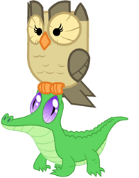 Size: 836x1067 | Tagged: safe, artist:red4567, character:gummy, character:owlowiscious, species:owl, alligator, cute, duo, perch, pets riding pets, ride, rider, riding, simple background, sitting on head, white background