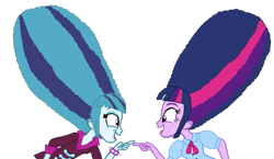 Size: 1175x680 | Tagged: safe, artist:ktd1993, character:sonata dusk, character:twilight sparkle, my little pony:equestria girls, alternate hairstyle, beehive hairdo, female, lesbian, looking at each other, open mouth, pointing, shipping, simple background, smiling, transparent background, twinata