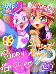 Size: 902x1200 | Tagged: safe, artist:uotapo, character:pinkie pie, character:sunset shimmer, my little pony:equestria girls, behaving like a cat, behaving like a dog, blushing, bracelet, cat ears, clothing, cute, diapinkes, dog ears, duo, duo female, female, hnnng, jacket, jewelry, moe, nyanset shimmer, open mouth, puppy pie, selfie, shimmerbetes, skirt, smiling, snapchat, snapchat filter