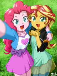 Size: 902x1200 | Tagged: safe, artist:uotapo, character:pinkie pie, character:sunset shimmer, my little pony:equestria girls, bracelet, clothing, cute, diapinkes, duo, duo female, female, happy, humans doing horse things, jacket, jewelry, looking at you, moe, open mouth, selfie, shimmerbetes, signature, skirt, smiling, uotapo is trying to murder us