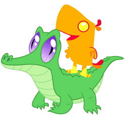 Size: 786x717 | Tagged: safe, artist:red4567, character:gummy, character:peewee, species:phoenix, alligator, baby phoenix, cute, duo, peewee, peeweebetes, pets riding pets, phoenix chick, ride, rider, riding, simple background, white background