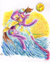 Size: 4655x5742 | Tagged: safe, artist:jowyb, oc, oc only, oc:corduroy road, species:earth pony, species:pony, absurd resolution, ball, canterlot, clothing, commission, cutie mark, determined, hat, jumping, male, marker drawing, one-piece swimsuit, polo, solo, sports, swimming cap, swimsuit, traditional art, water, wave, wet, wet mane