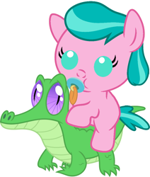 Size: 786x927 | Tagged: safe, artist:red4567, character:aquamarine, character:gummy, species:pony, baby, baby pony, cute, pacifier, ponies riding gators, riding, weapons-grade cute