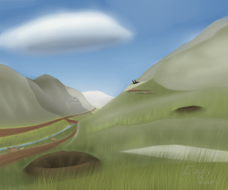 Size: 3600x3000 | Tagged: safe, artist:the-furry-railfan, fallout equestria, bone, bridge, cart, cloud, crater, dirt road, fallout equestria: empty quiver, grass, high res, mountain, mountain range, no pony, road, scenery, sign, skeleton, trench, turret, valley, wagon