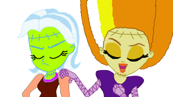 Size: 1100x619 | Tagged: safe, artist:ktd1993, character:adagio dazzle, character:trixie, ship:triagio, my little pony:equestria girls, alternate hairstyle, bride of frankenstein, female, frankenstein's monster, lesbian, shipping