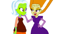 Size: 1100x619 | Tagged: safe, artist:ktd1993, character:adagio dazzle, character:trixie, ship:triagio, my little pony:equestria girls, alternate hairstyle, beehive hairdo, bride of frankenstein, female, frankenstein's monster, lesbian, shipping