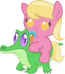 Size: 786x892 | Tagged: safe, artist:red4567, character:gummy, character:lily, character:lily valley, species:pony, baby, baby pony, cute, lilybetes, pacifier, ponies riding gators, riding, weapons-grade cute