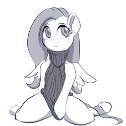 Size: 1280x1280 | Tagged: safe, artist:grissaecrim, character:fluttershy, species:pegasus, species:pony, backless, clothing, digital art, female, kneeling, looking away, mare, monochrome, open-back sweater, simple background, sleeveless, sleeveless sweater, solo, sweater, sweatershy, turtleneck, virgin killer sweater