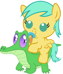 Size: 786x917 | Tagged: safe, artist:red4567, character:gummy, character:sunshower raindrops, species:pony, baby, baby pony, cute, pacifier, ponies riding gators, riding, weapons-grade cute