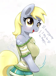 Size: 890x1200 | Tagged: safe, artist:joakaha, character:derpy hooves, species:anthro, species:unguligrade anthro, arm hooves, blushing, breasts, busty derpy hooves, clothing, crying, cute, dialogue, female, off shoulder, simple background, solo, wingless, wingless anthro