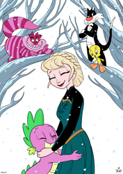 Size: 2480x3508 | Tagged: safe, artist:jowyb, character:spike, species:dragon, alice in wonderland, cheshire cat, commission, context is for the weak, crossover, elsa, frozen (movie), hug, looney tunes, snow, sylvester, tweety bird