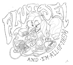 Size: 2700x2400 | Tagged: safe, artist:docwario, character:angel bunny, character:fluttershy, species:pony, audio equipment, cable, cables, cassette player, clothing, drum machine, duo, eyes closed, grayscale, headphones, jewelry, making music, microphone, microphone stand, monochrome, musical instrument, necklace, prone, recording, suzuki omnichord, sweater, sweatershy, synthesizer, title