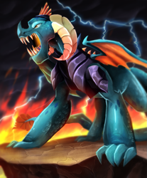 Size: 813x983 | Tagged: safe, artist:scarlet-spectrum, character:dragon lord torch, species:dragon, episode:gauntlet of fire, g4, my little pony: friendship is magic, armor, claws, fangs, fire, intimidating, lightning, male, open mouth, scary, solo, speedpaint