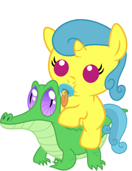 Size: 786x1017 | Tagged: safe, artist:red4567, character:gummy, character:lemon hearts, species:pony, baby, baby pony, cute, female, filly, lemonbetes, pacifier, ponies riding gators, riding, weapons-grade cute